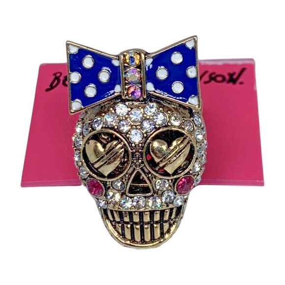 Betsey Johnson Sugar Skull Ring Sz 7 Crystal Stretch Ivy League Polka Dot - Picture 1 of 14